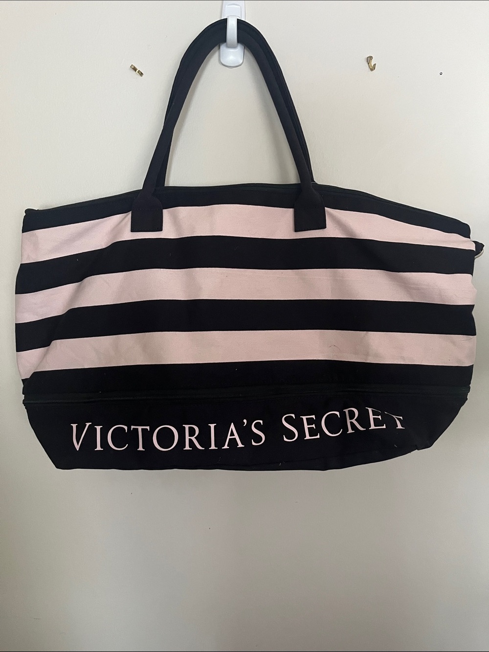 Victoria's Secret Black and Light Pink Striped Canvas Tote Bag